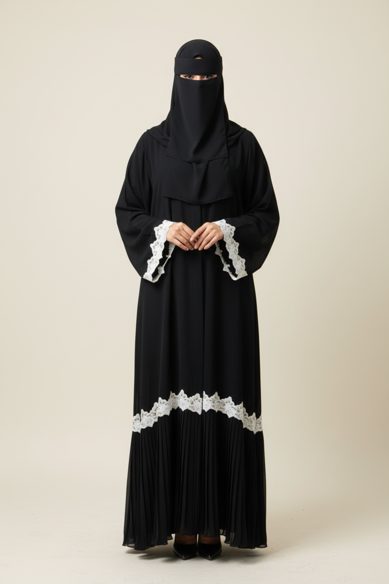 Abaya on Fully Covered Model – Off-White Background